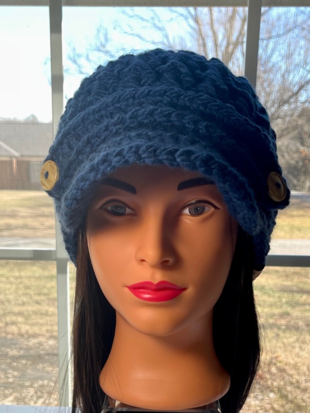 Women's Hand Crochet Newsboy Chunky Hat with Wooden Beads - ONE OF A KIND - NEW